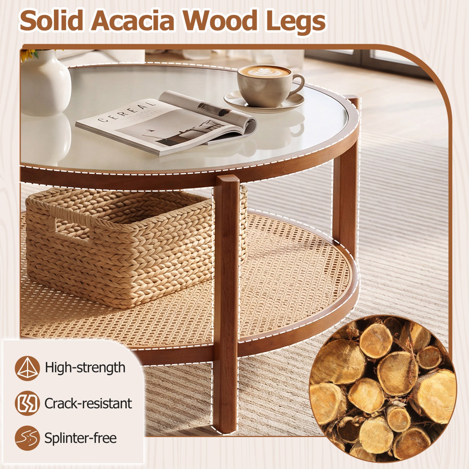 2-Tier Rattan Coffee Table with Frosted Tempered Glass Top and Wood Legs-Walnut