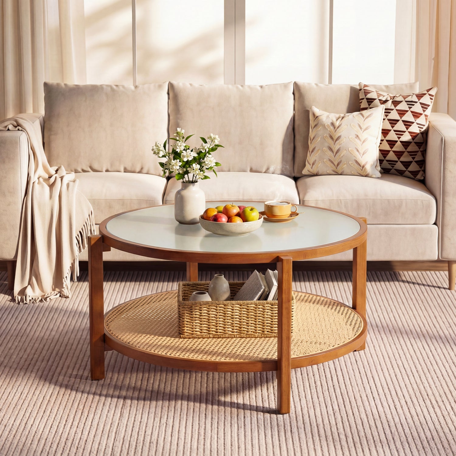 2-Tier Rattan Coffee Table with Frosted Tempered Glass Top and Wood Legs-Walnut