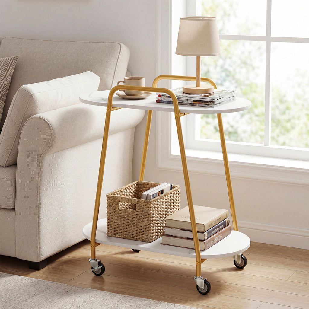 2-Tier Rolling End Table with Faux Marble Surfaces for Small Spaces-White