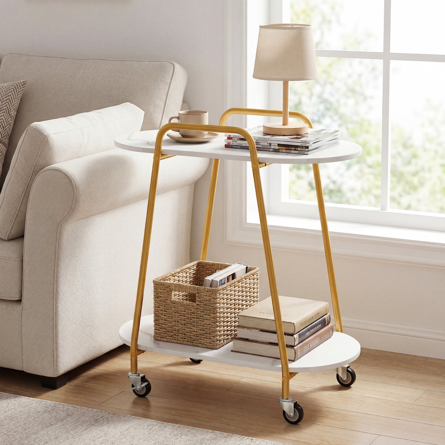 2-Tier Rolling End Table with Faux Marble Surfaces for Small Spaces-White