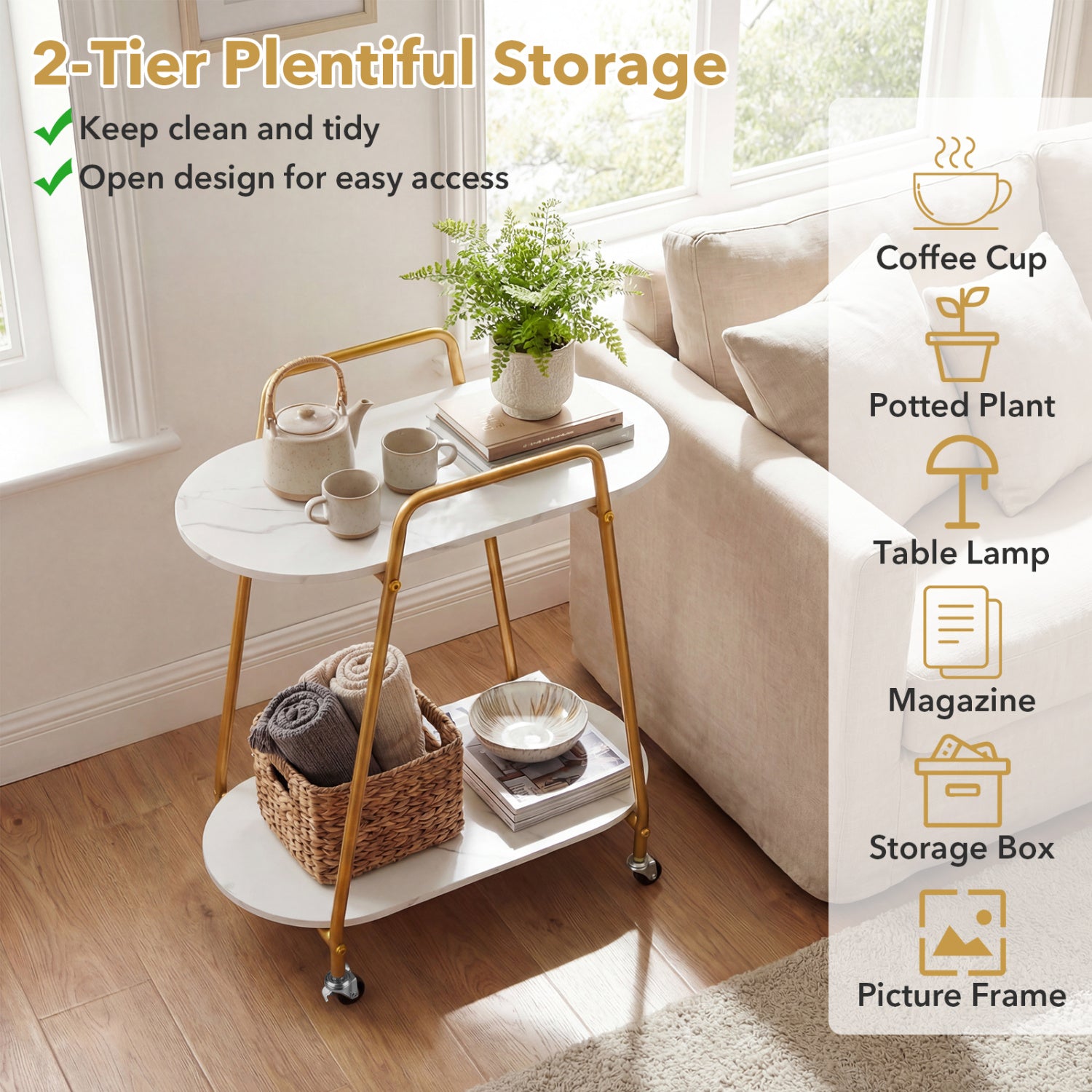 2-Tier Rolling End Table with Faux Marble Surfaces for Small Spaces-White