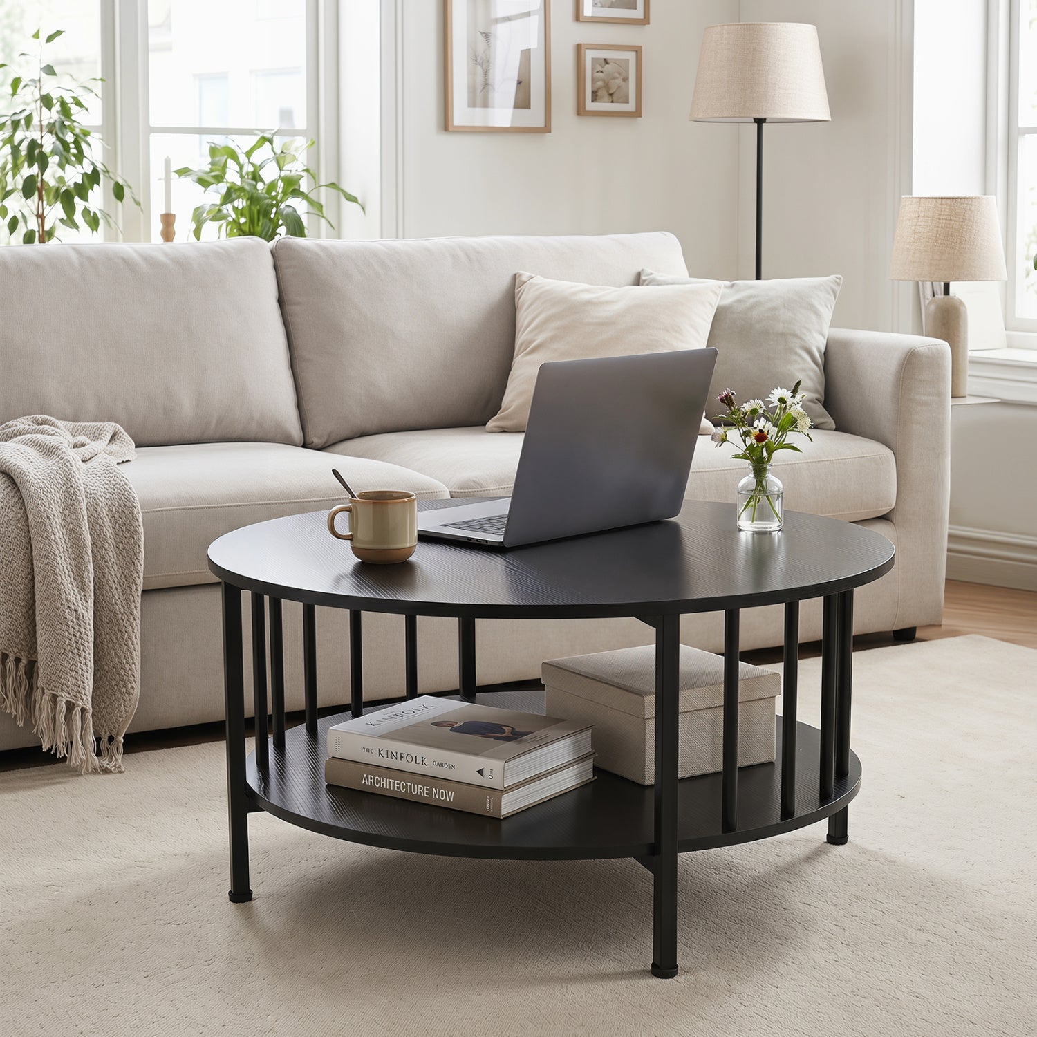 2-Tier Round Coffee Table with Storage Shelf and Metal Accents in Black Walnut-Black