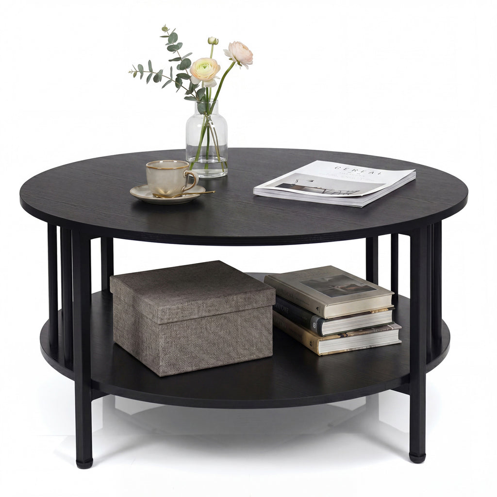 2-Tier Round Coffee Table with Storage Shelf and Metal Accents in Black Walnut-Black