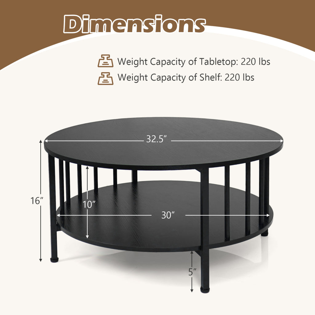 2-Tier Round Coffee Table with Storage Shelf and Metal Accents in Black Walnut-Black