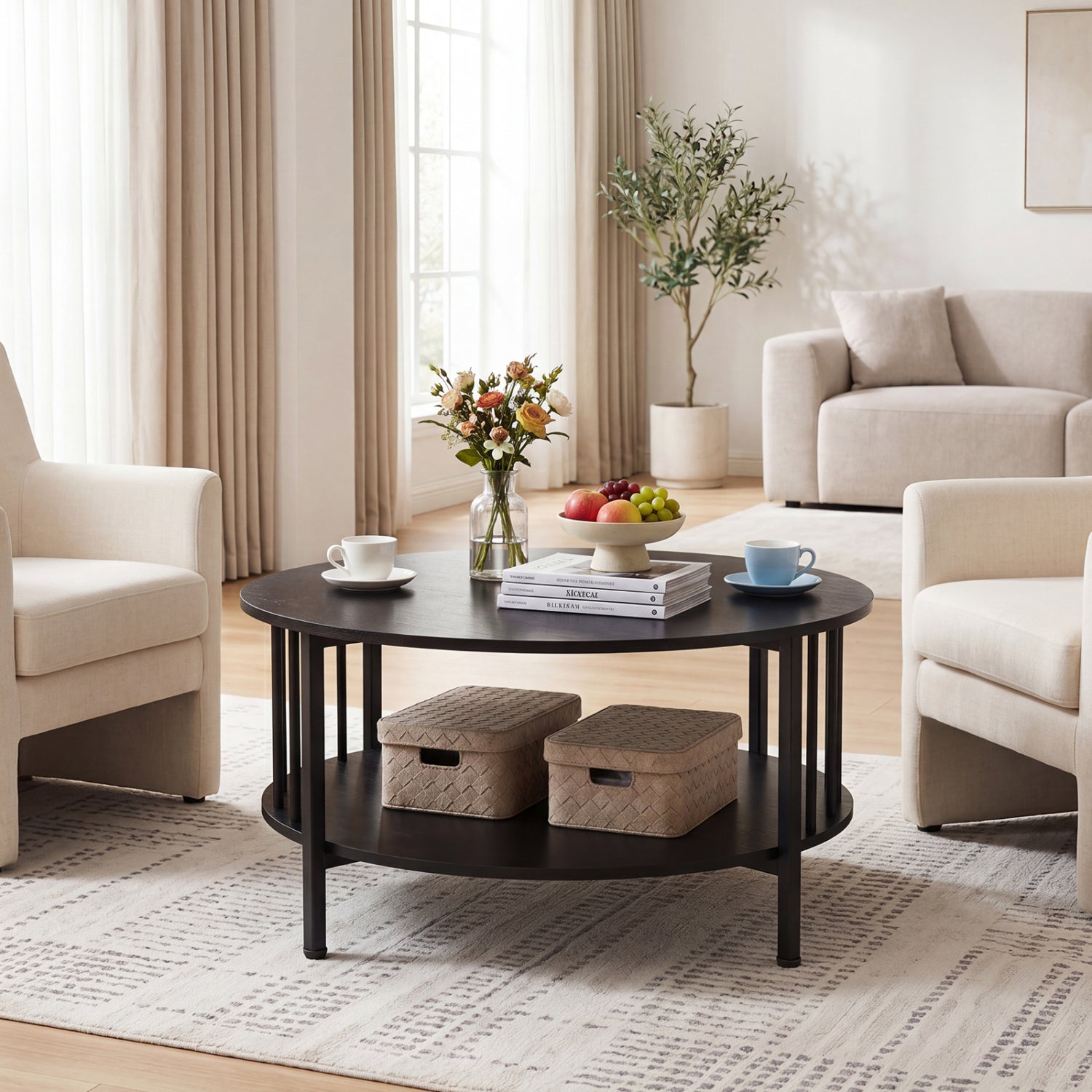 2-Tier Round Coffee Table with Storage Shelf and Metal Accents in Black Walnut-Black