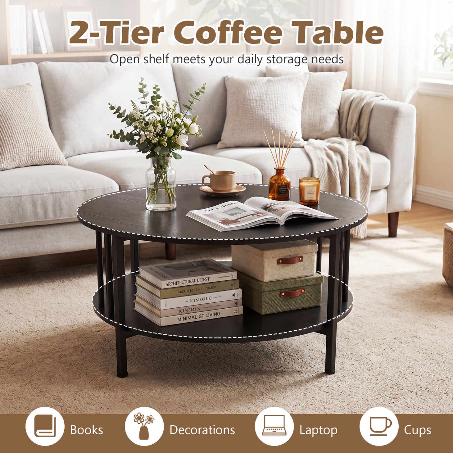 2-Tier Round Coffee Table with Storage Shelf and Metal Accents in Black Walnut-Black