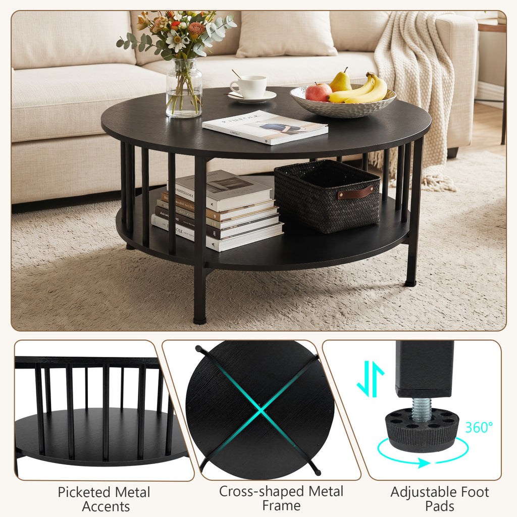 2-Tier Round Coffee Table with Storage Shelf and Metal Accents in Black Walnut-Black