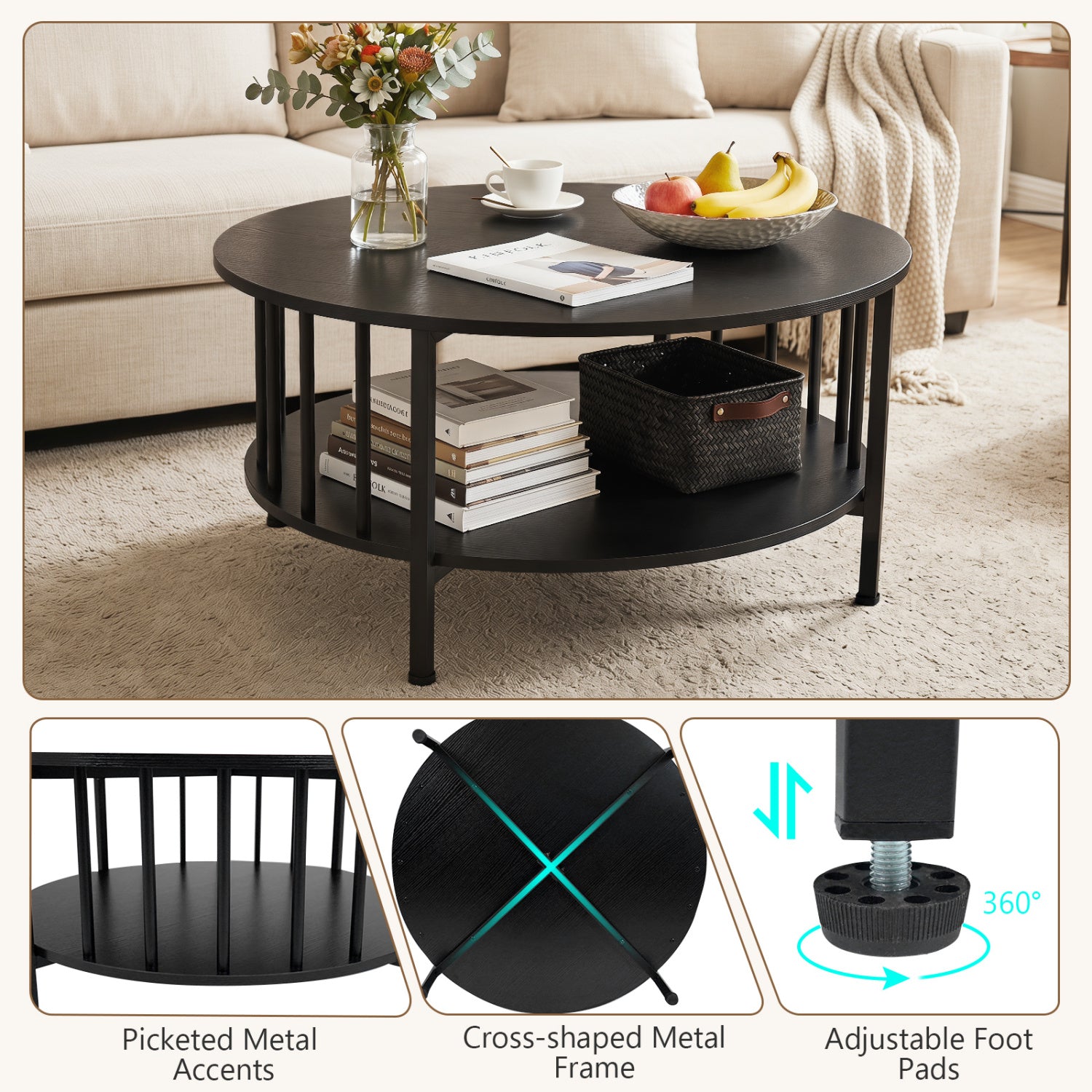 2-Tier Round Coffee Table with Storage Shelf and Metal Accents in Black Walnut-Black