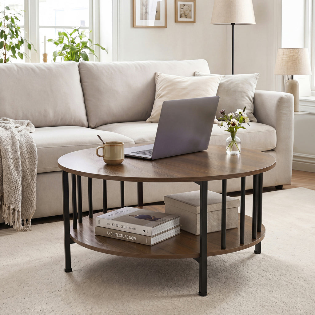 2-Tier Round Coffee Table with Storage Shelf and Metal Accents in Black Walnut-Walnut