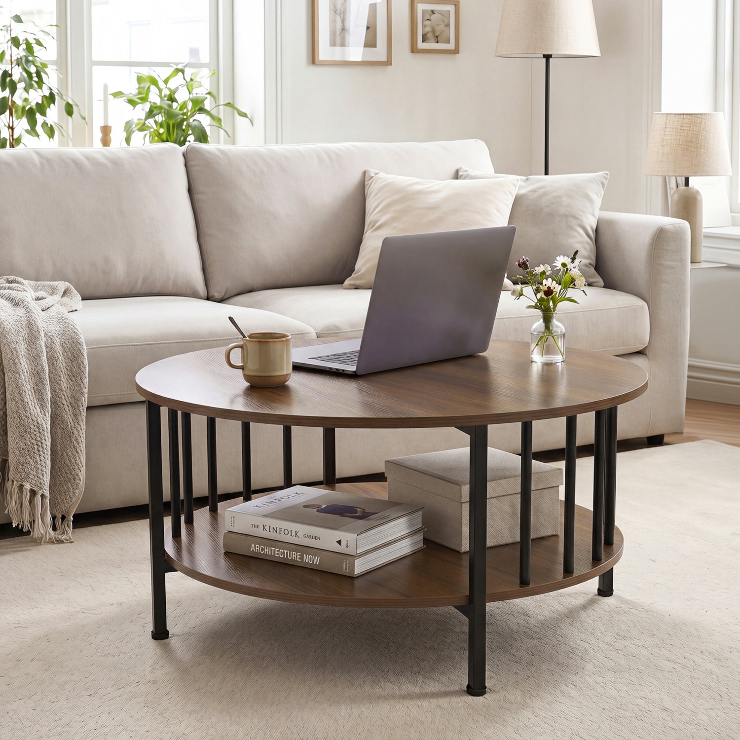 2-Tier Round Coffee Table with Storage Shelf and Metal Accents in Black Walnut-Walnut