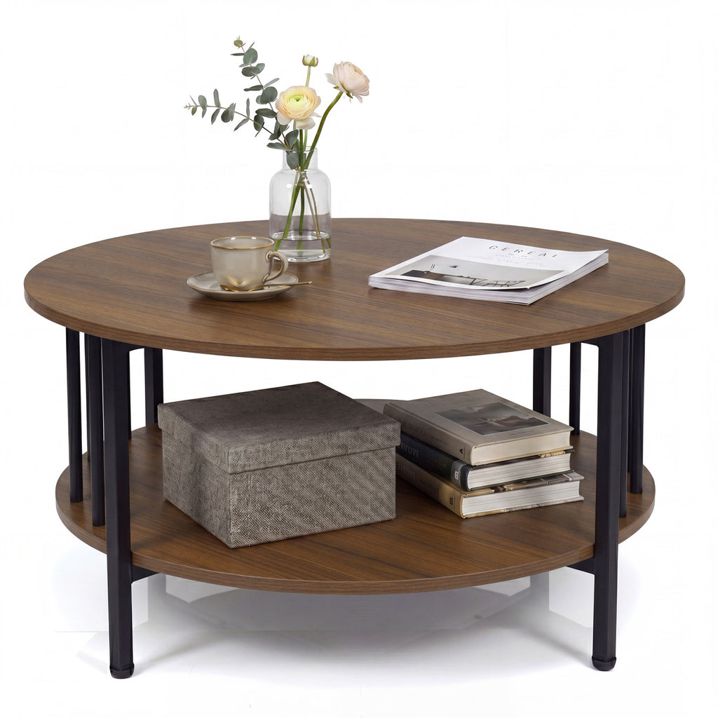 2-Tier Round Coffee Table with Storage Shelf and Metal Accents in Black Walnut-Walnut
