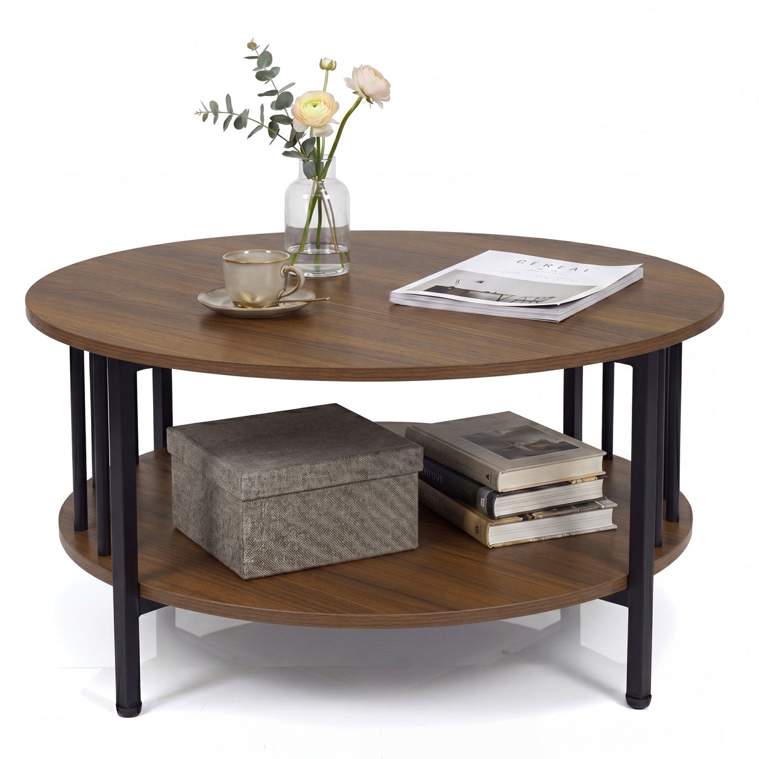 2-Tier Round Coffee Table with Storage Shelf and Metal Accents in Black Walnut-Walnut