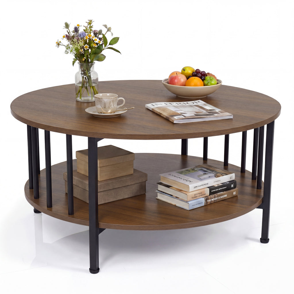 2-Tier Round Coffee Table with Storage Shelf and Metal Accents in Black Walnut-Walnut