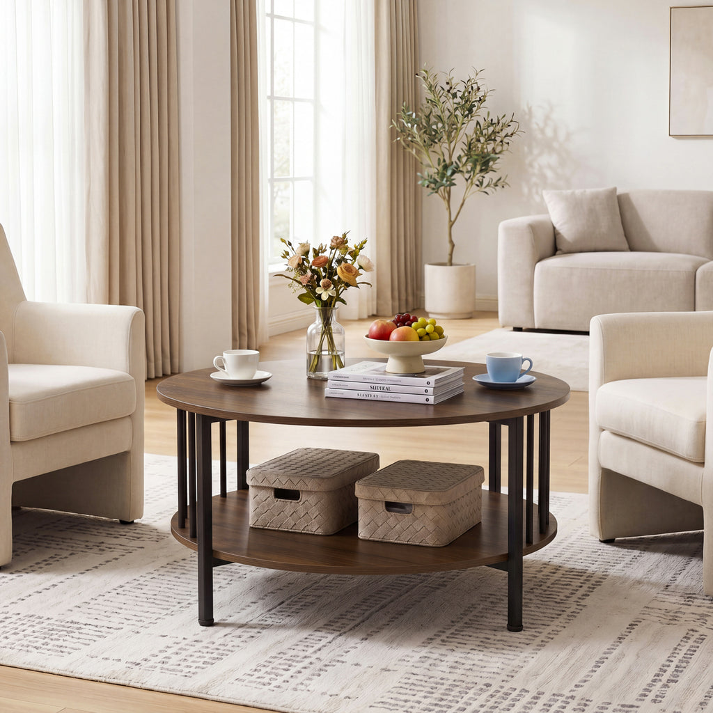 2-Tier Round Coffee Table with Storage Shelf and Metal Accents in Black Walnut-Walnut
