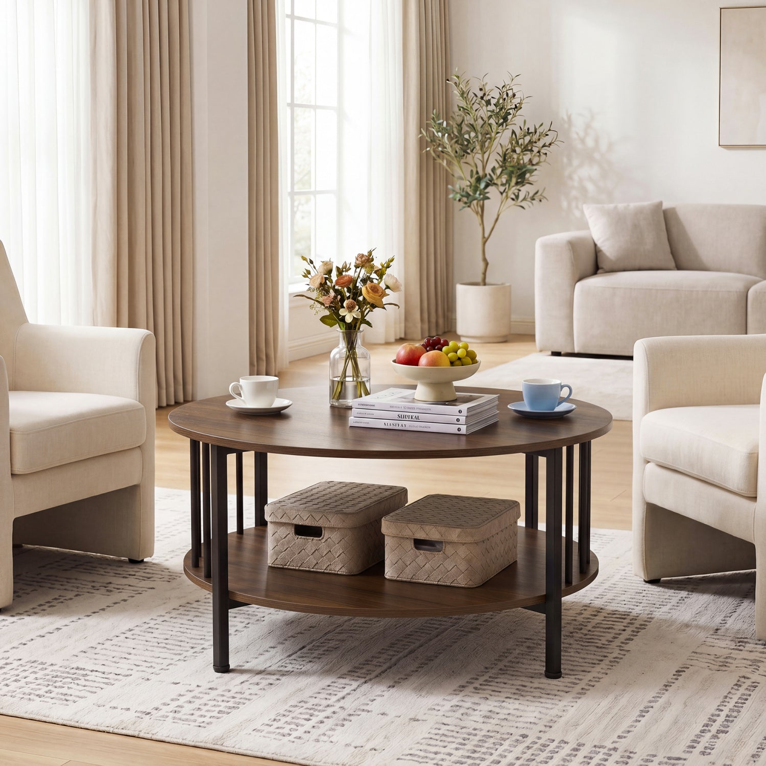 2-Tier Round Coffee Table with Storage Shelf and Metal Accents in Black Walnut-Walnut