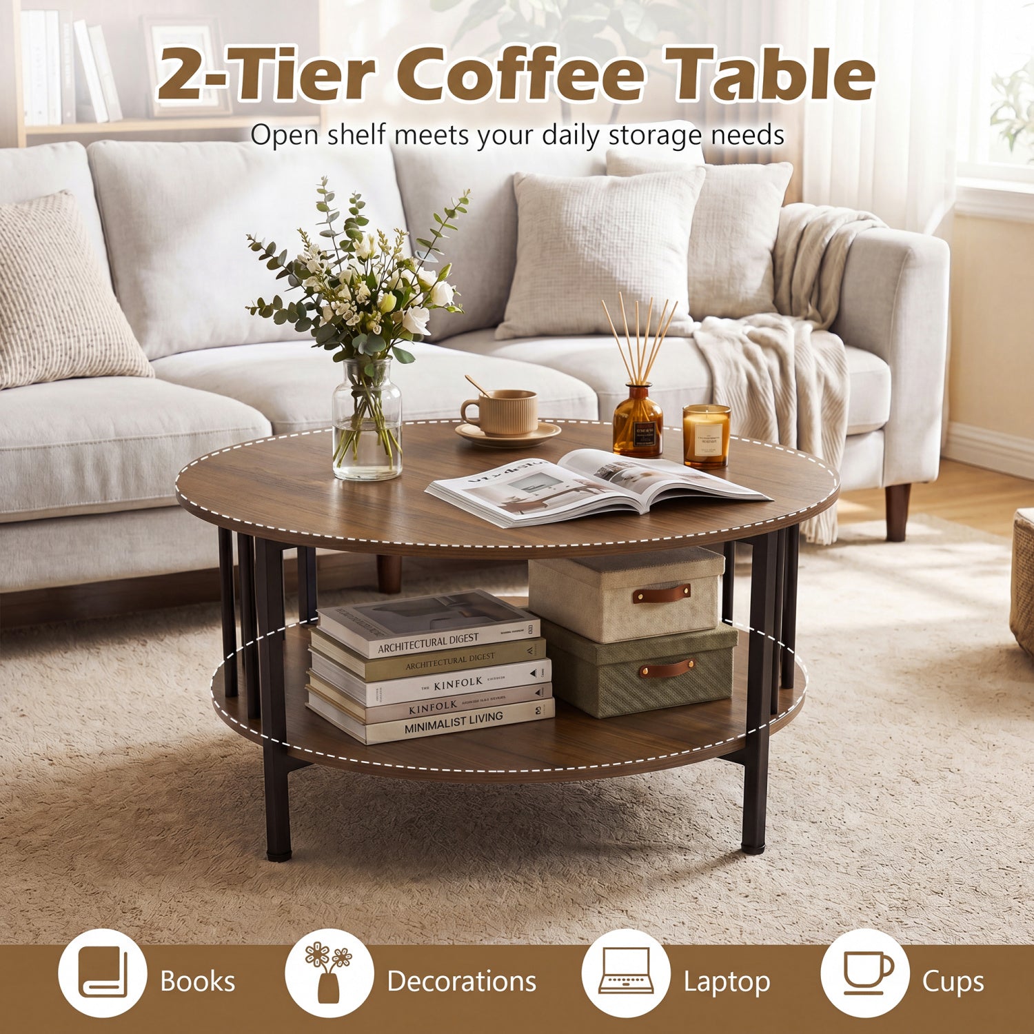 2-Tier Round Coffee Table with Storage Shelf and Metal Accents in Black Walnut-Walnut
