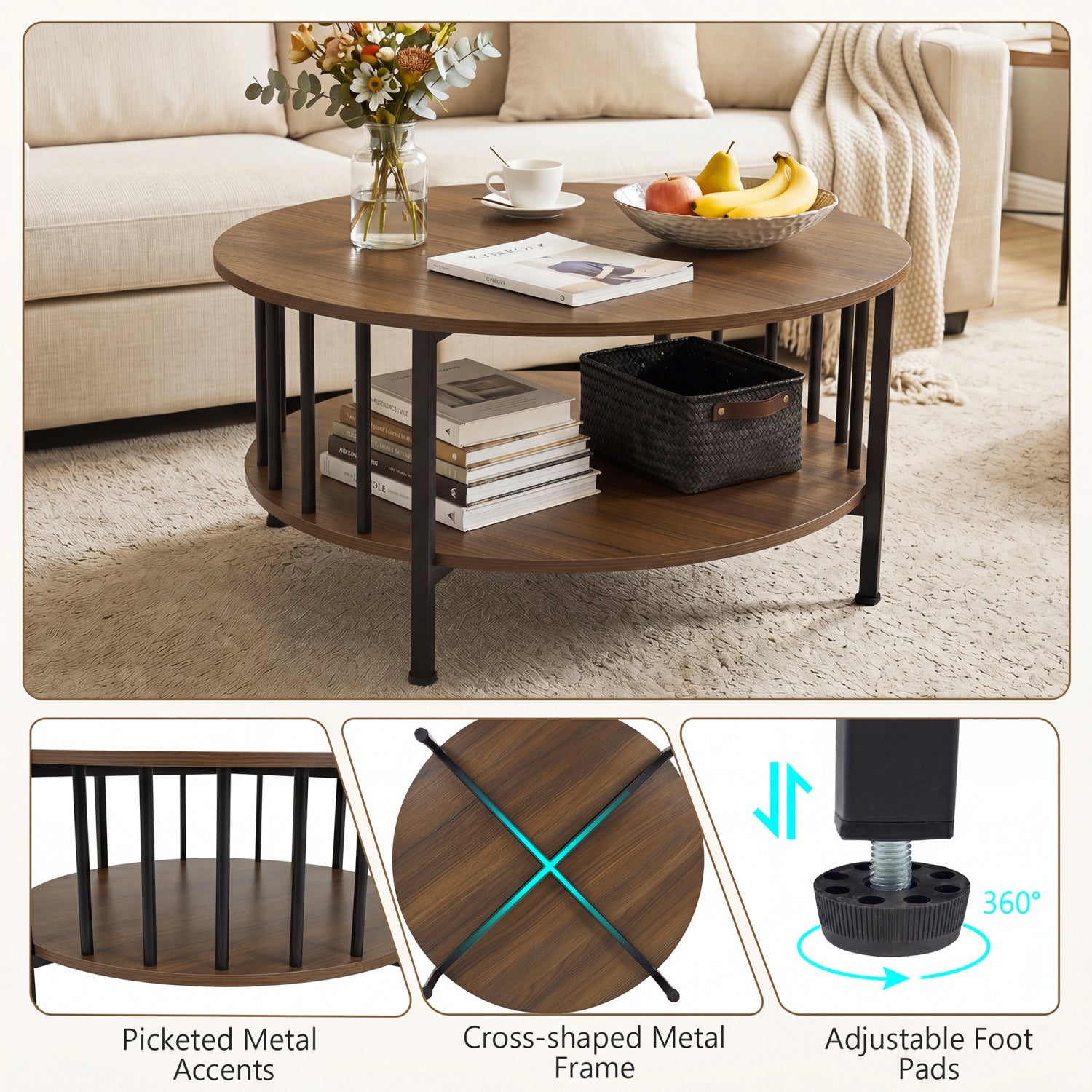 2-Tier Round Coffee Table with Storage Shelf and Metal Accents in Black Walnut-Walnut