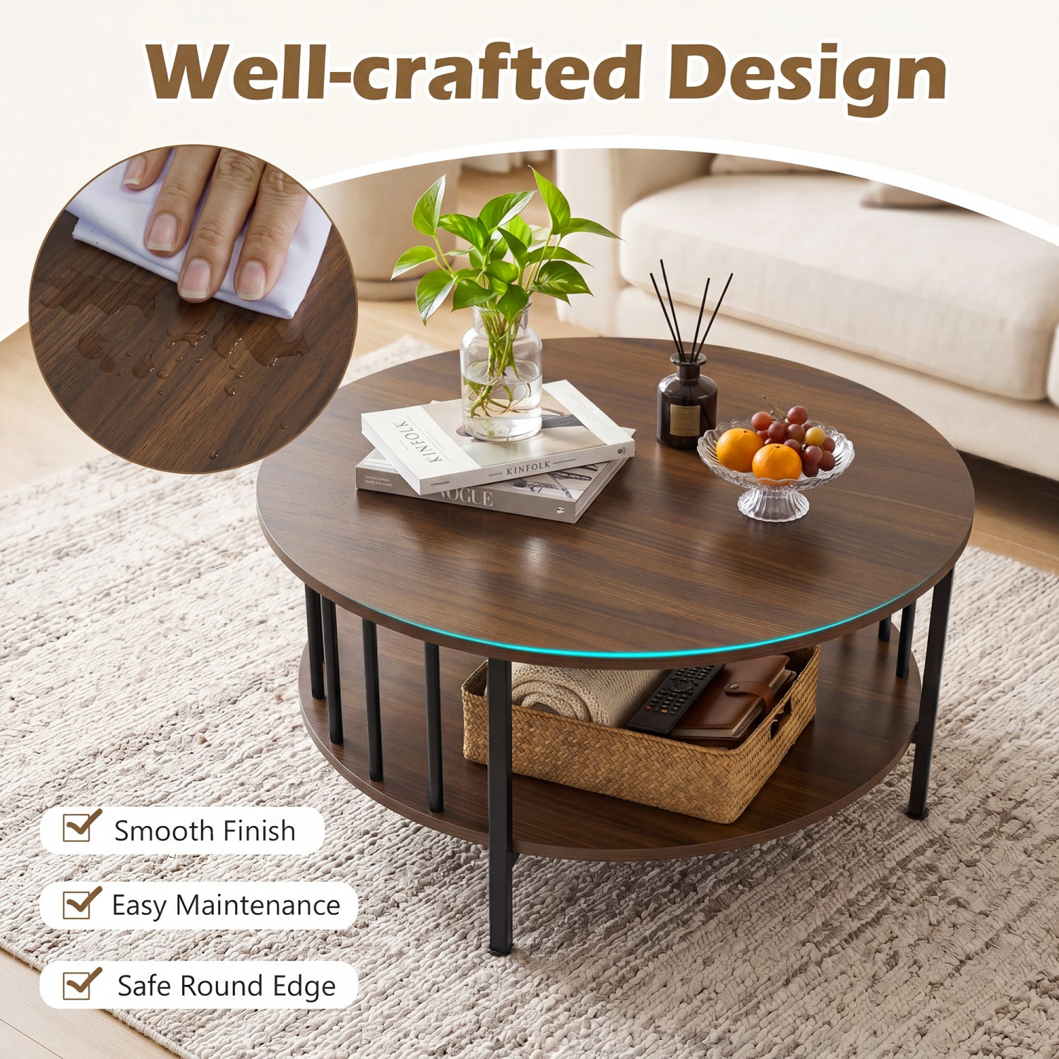 2-Tier Round Coffee Table with Storage Shelf and Metal Accents in Black Walnut-Walnut