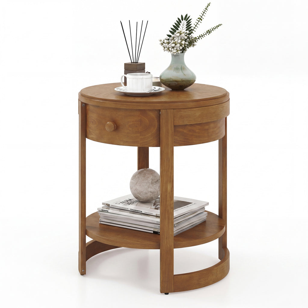 2-Tier Round End Table Mid Century Modern Nightstand-Oak