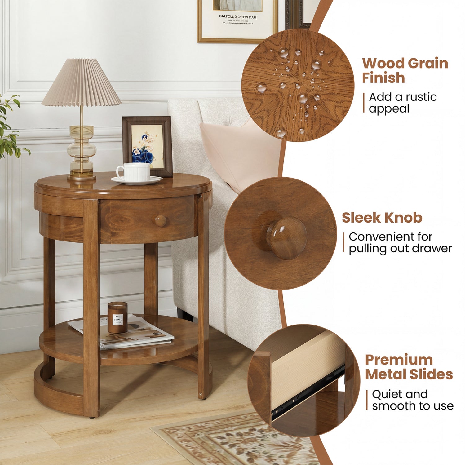 2-Tier Round End Table Mid Century Modern Nightstand-Oak