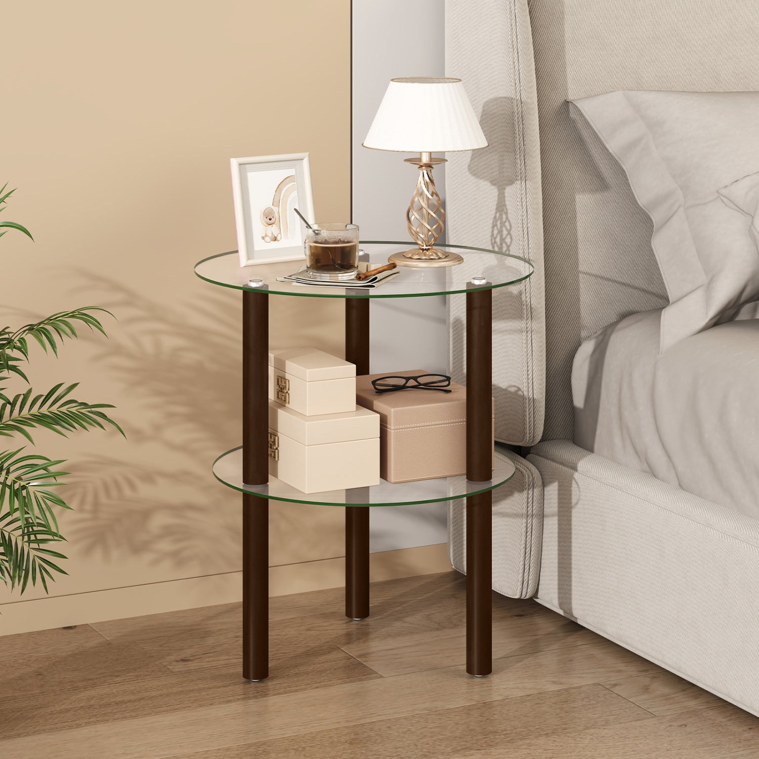 2-Tier Round End Table with Clear Tempered Glass Top and Shelf-Brown