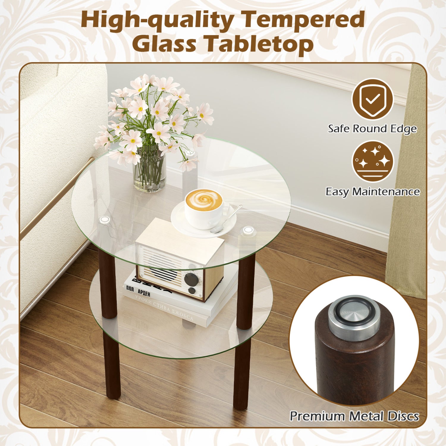 2-Tier Round End Table with Clear Tempered Glass Top and Shelf-Brown
