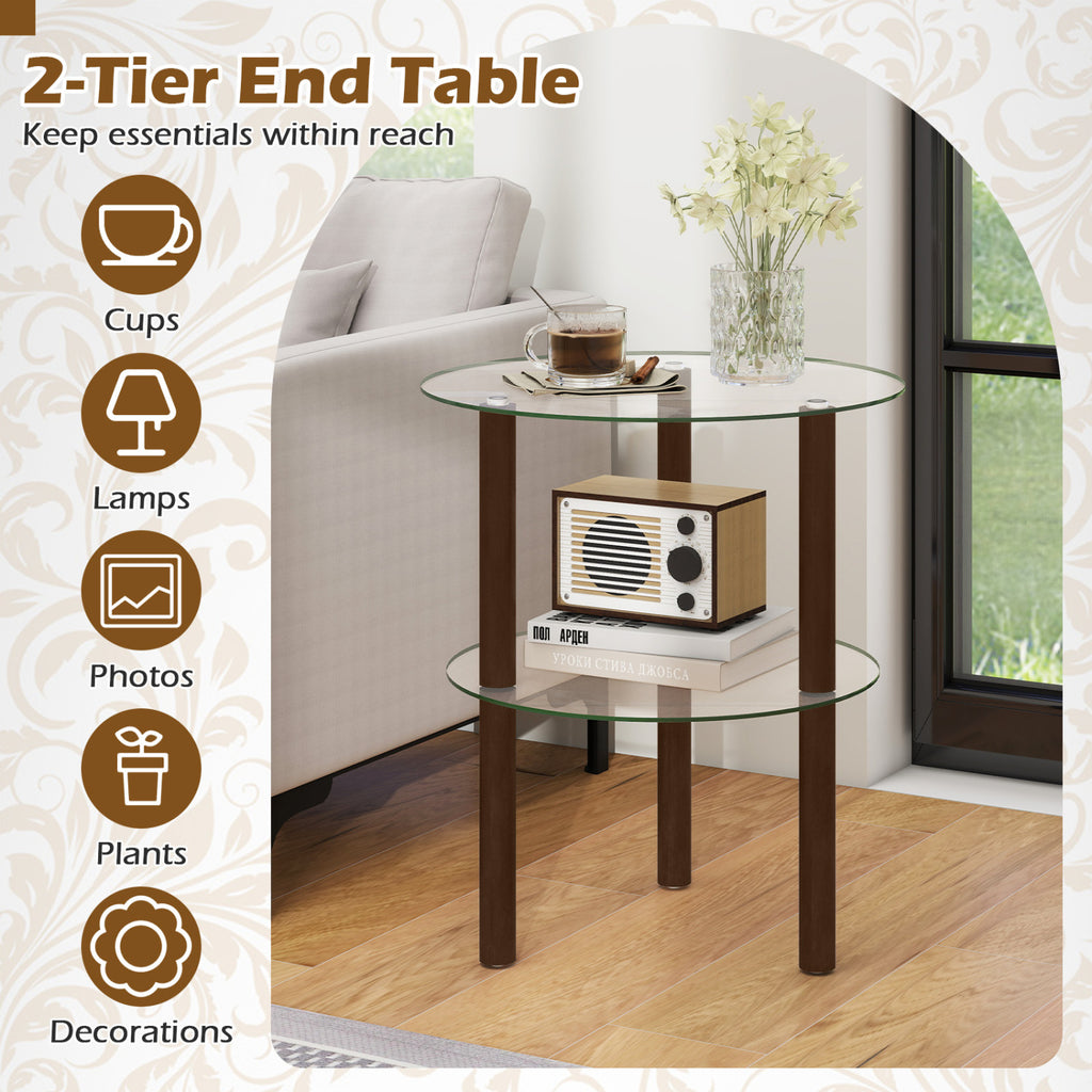 2-Tier Round End Table with Clear Tempered Glass Top and Shelf-Brown