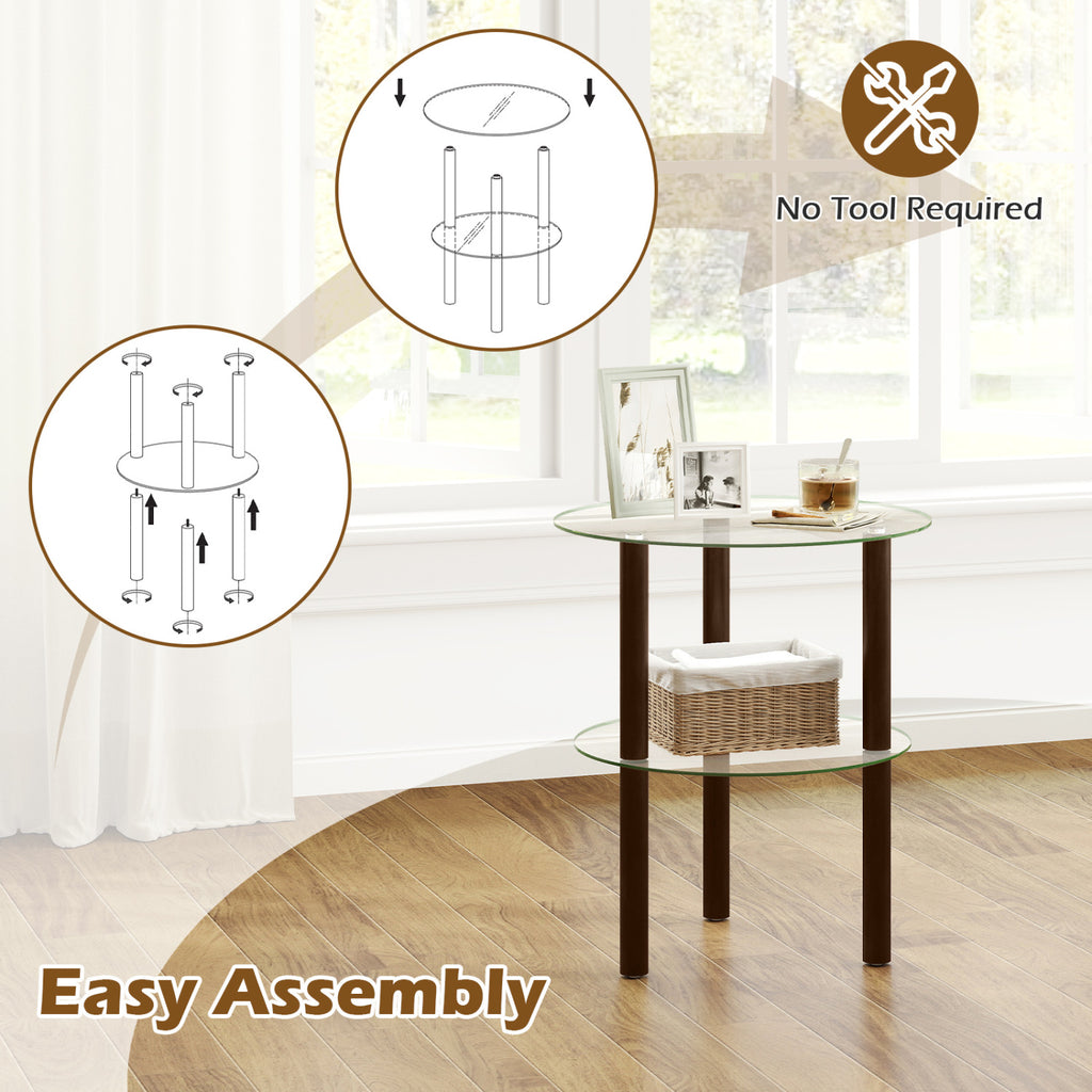 2-Tier Round End Table with Clear Tempered Glass Top and Shelf-Brown