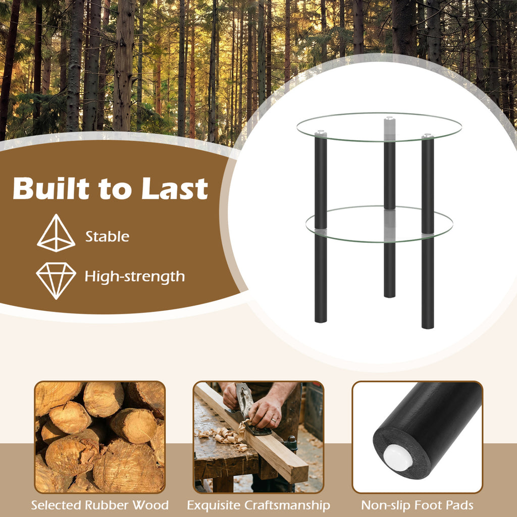 2-Tier Round End Table with Clear Tempered Glass Top and Shelf-Black