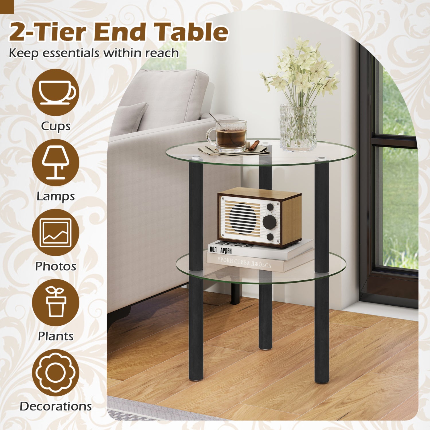 2-Tier Round End Table with Clear Tempered Glass Top and Shelf-Black