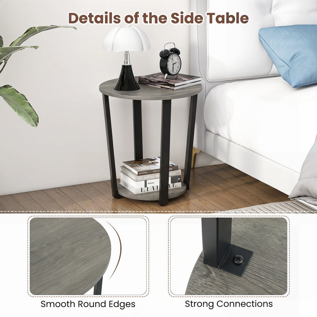 2-Tier Round End Table with Storage Shelf and Metal Frame-Oak