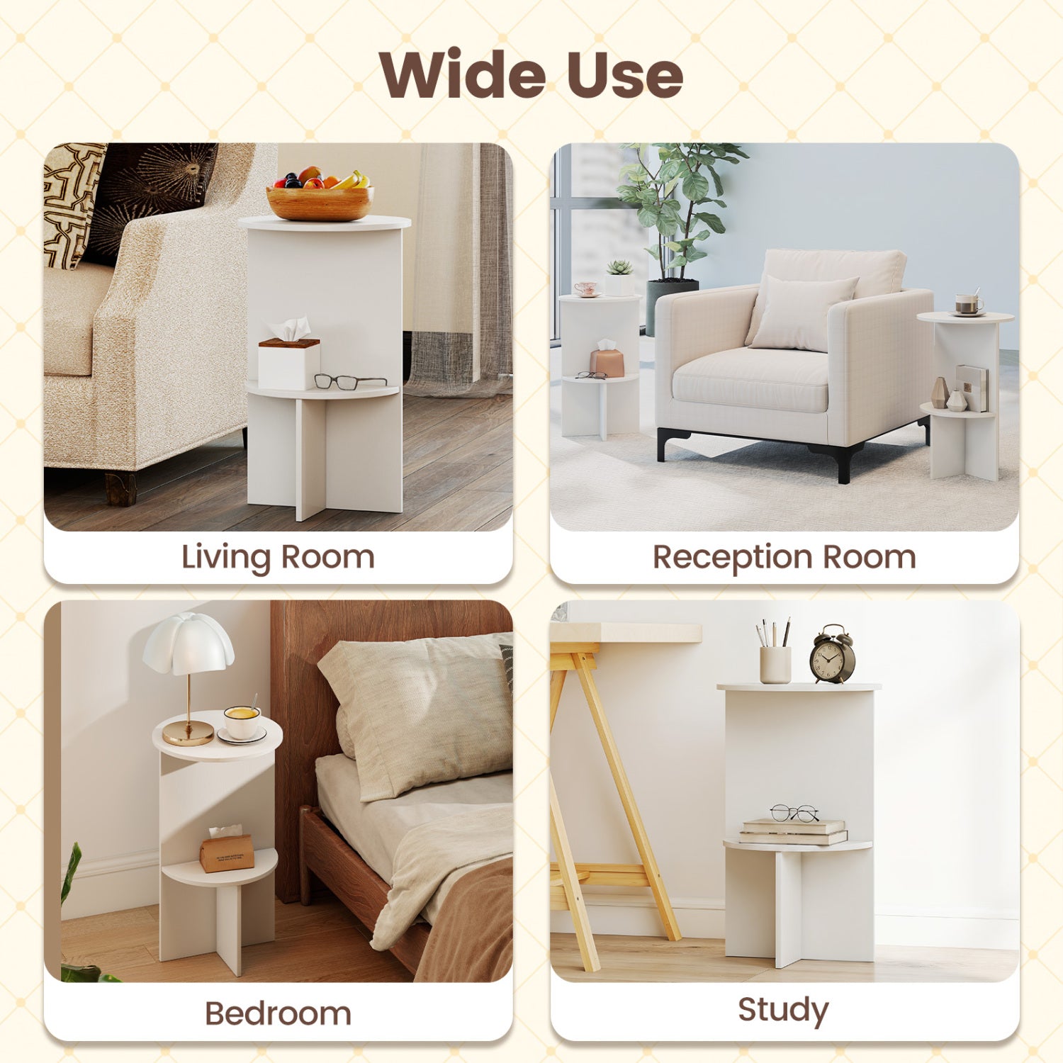 2-Tier Round Side Table with Storage Shelf for Small Space-White