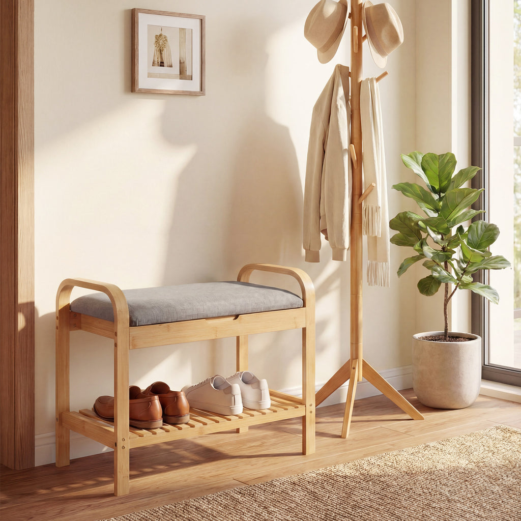 Banc à chaussures 2 niveaux avec rangement supérieur relevable - Naturel