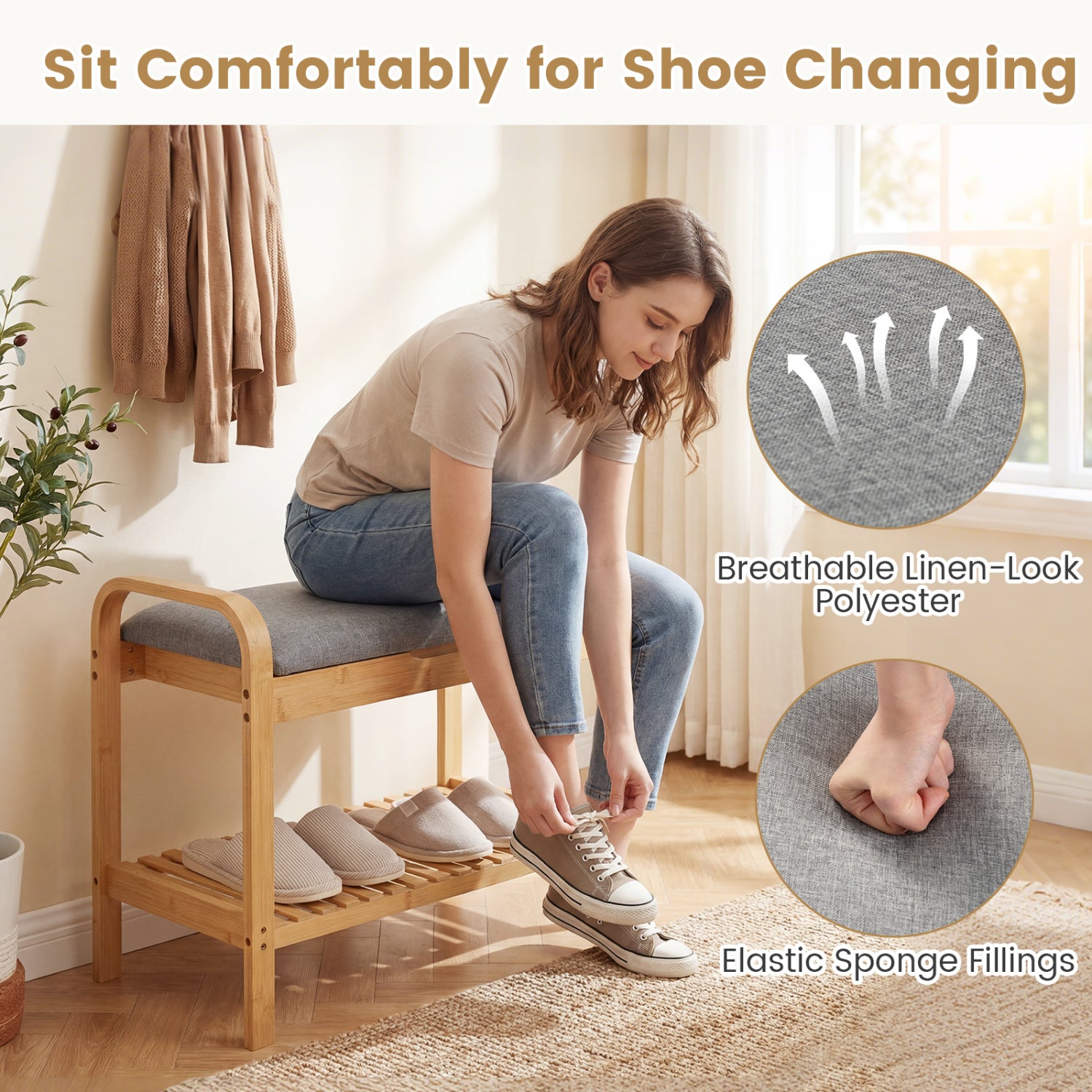 Banc à chaussures 2 niveaux avec rangement supérieur relevable - Naturel