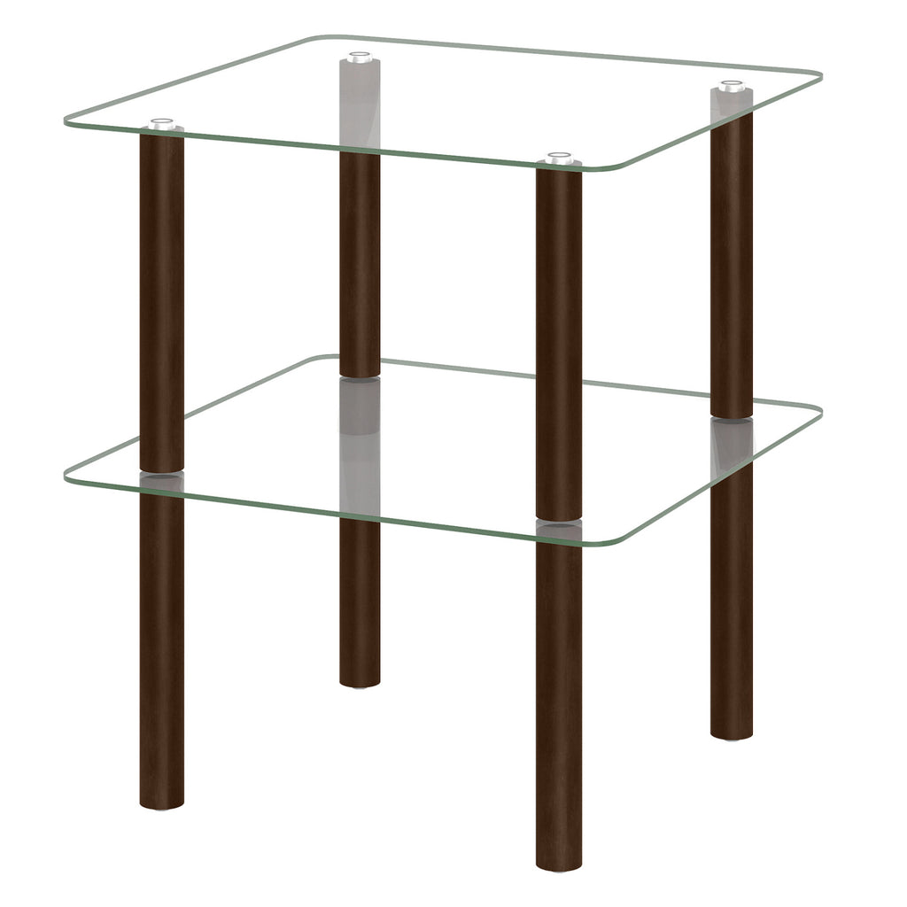 2-Tier Square End Table with Shelf and Clear Tempered Glass Top-Brown