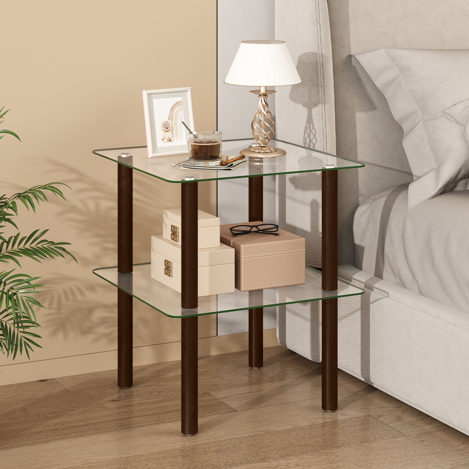 2-Tier Square End Table with Shelf and Clear Tempered Glass Top-Brown