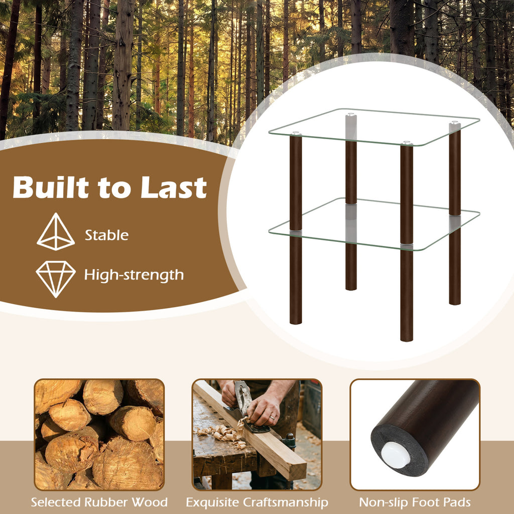 2-Tier Square End Table with Shelf and Clear Tempered Glass Top-Brown