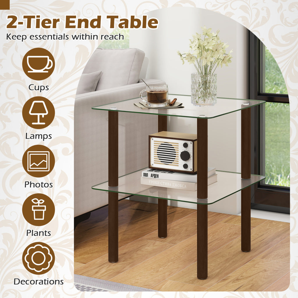 2-Tier Square End Table with Shelf and Clear Tempered Glass Top-Brown
