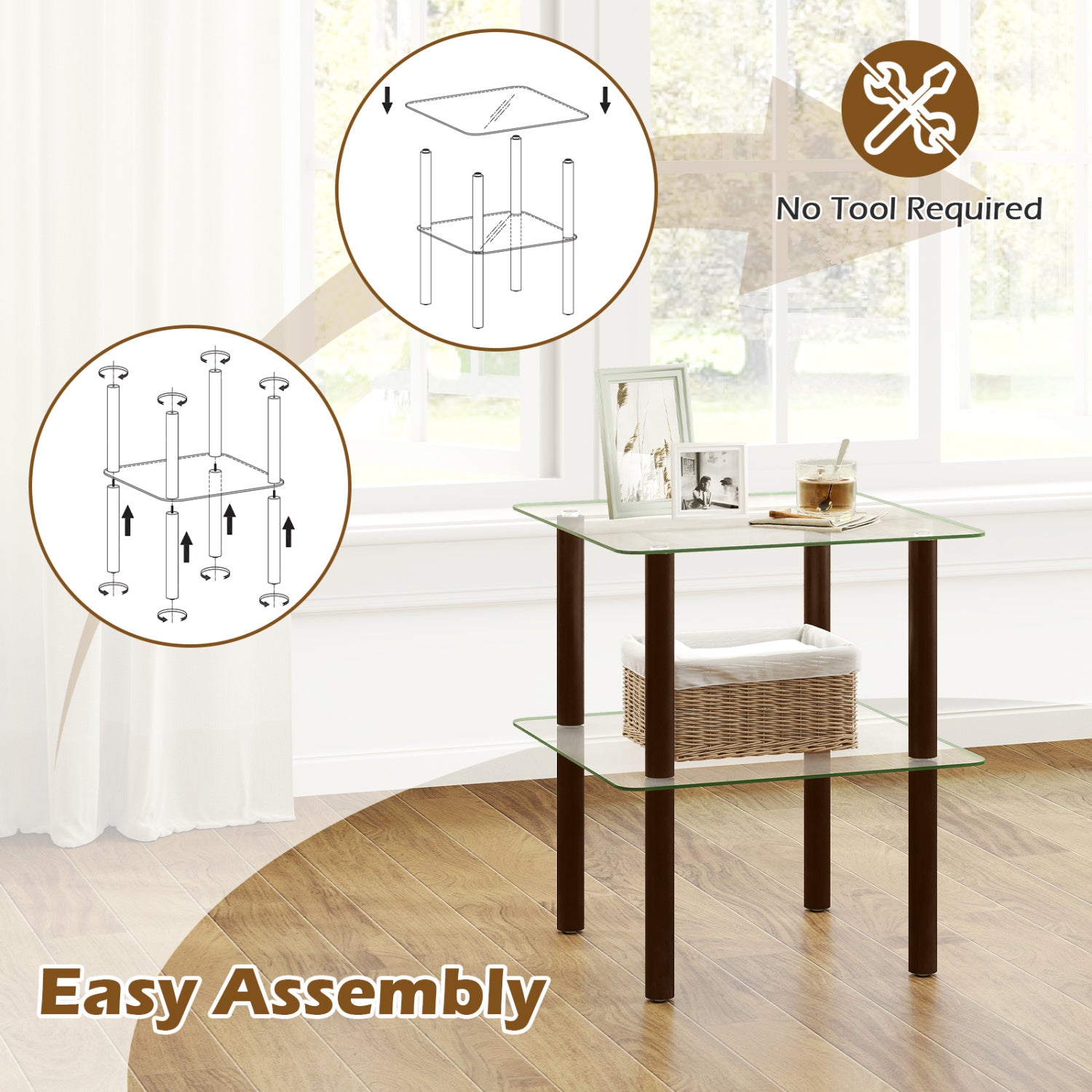 2-Tier Square End Table with Shelf and Clear Tempered Glass Top-Brown