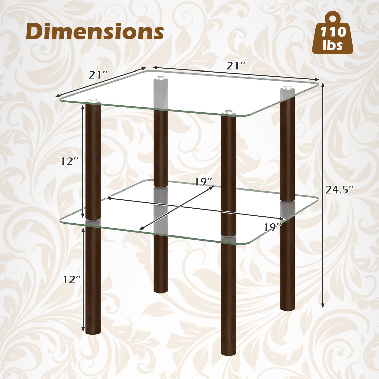 2-Tier Square End Table with Shelf and Clear Tempered Glass Top-Brown