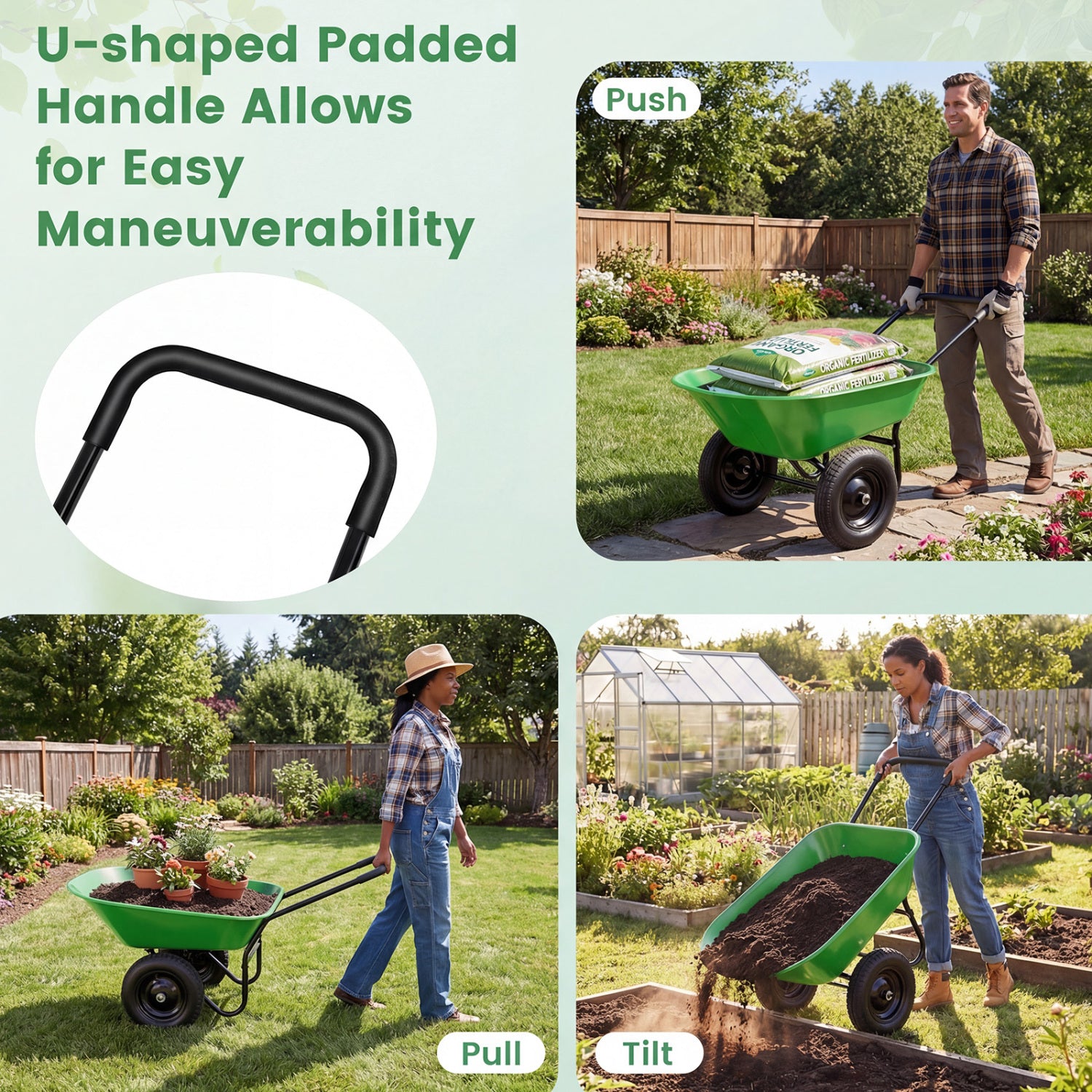 2 Tire Heavy-duty Dolly Utility Cart Wheelbarrow Garden Cart-Light Green