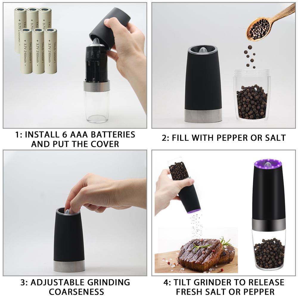 Instructions for using a pepper grinder with images of installation, filling, adjusting, and using the grinder.