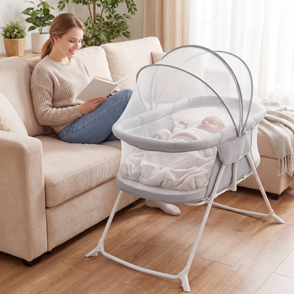 2 in 1 Baby Bassinet with Rocking Motion Foldable Bedside Sleeper with Breathable Mesh-Grey