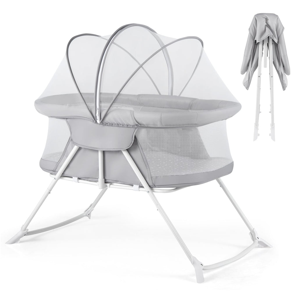 2 in 1 Baby Bassinet with Rocking Motion Foldable Bedside Sleeper with Breathable Mesh-Grey