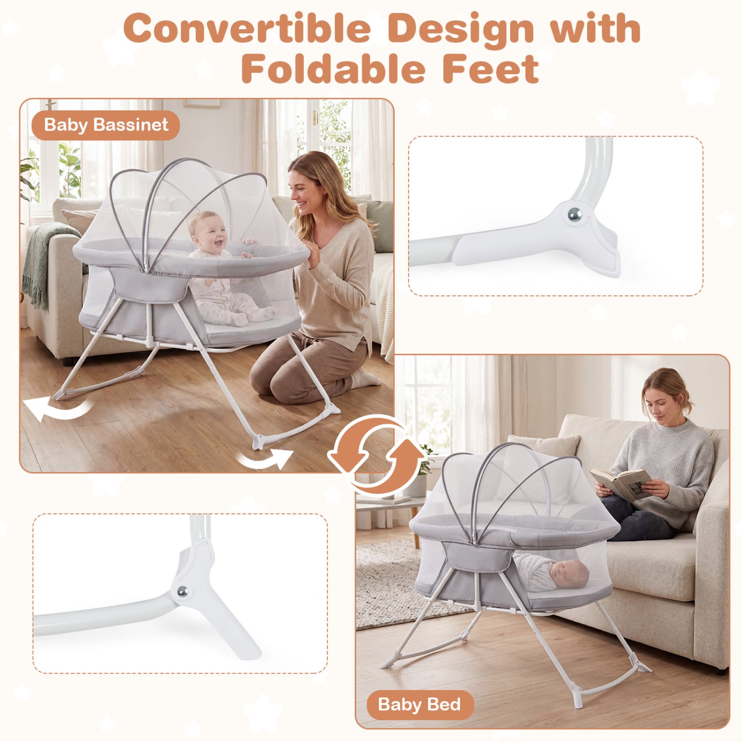 2 in 1 Baby Bassinet with Rocking Motion Foldable Bedside Sleeper with Breathable Mesh-Grey