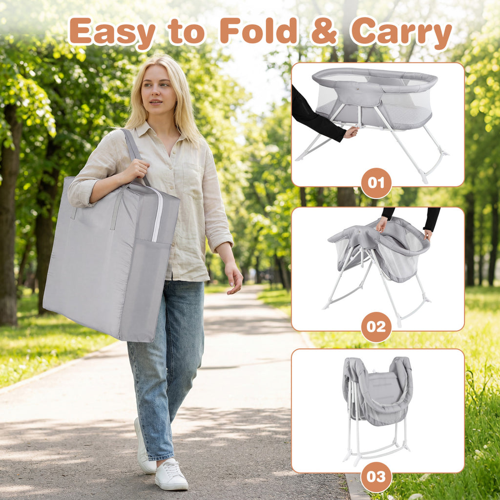 2 in 1 Baby Bassinet with Rocking Motion Foldable Bedside Sleeper with Breathable Mesh-Grey