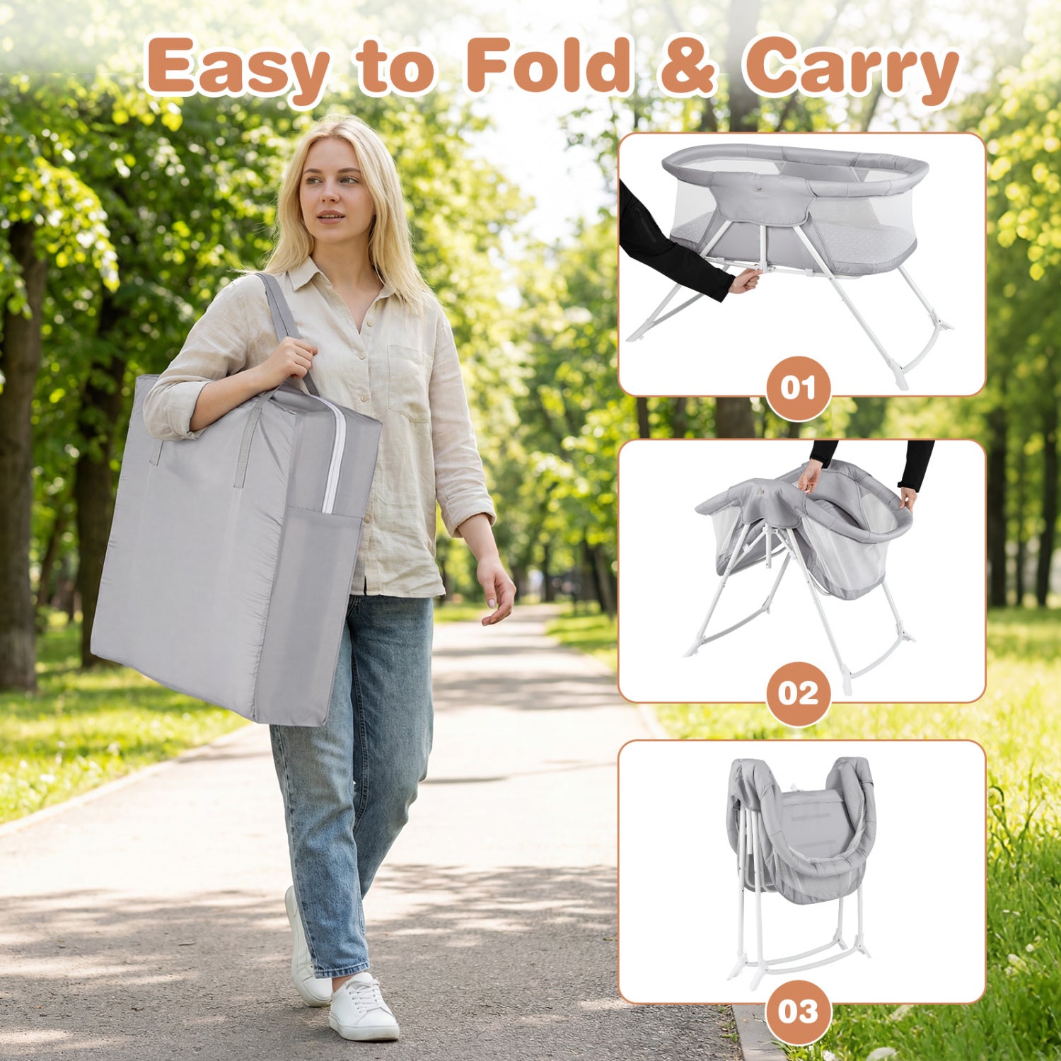 2 in 1 Baby Bassinet with Rocking Motion Foldable Bedside Sleeper with Breathable Mesh-Grey