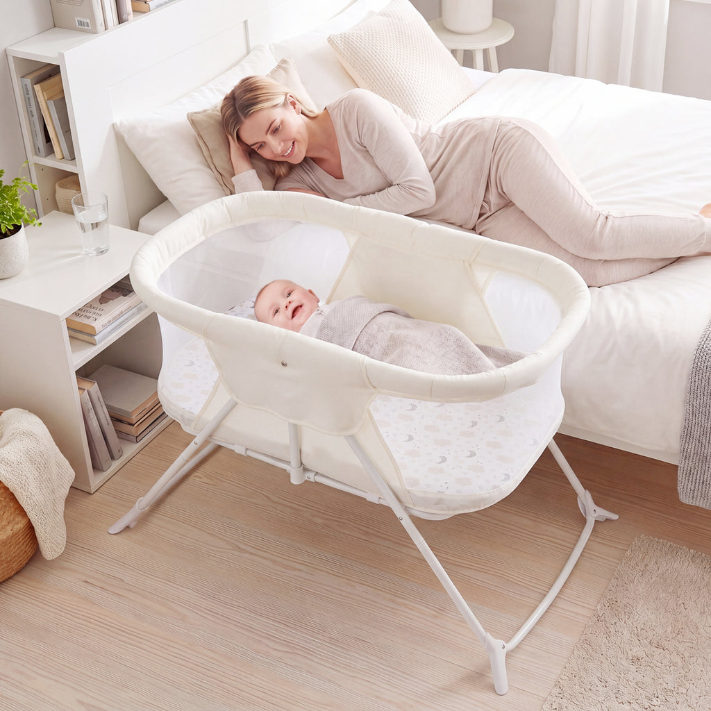 2 in 1 Baby Bassinet with Rocking Motion Foldable Bedside Sleeper with Breathable Mesh-Beige
