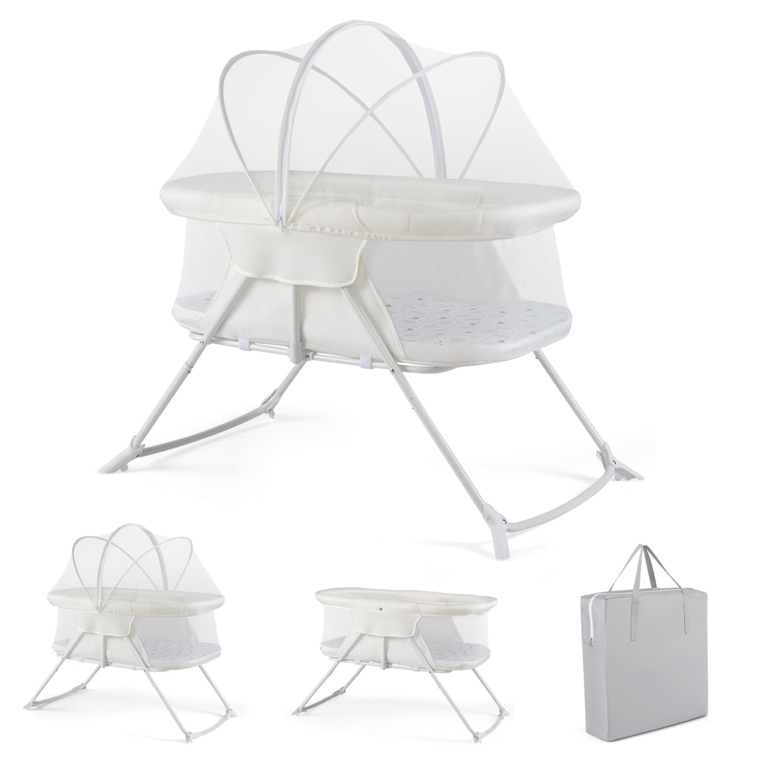 2 in 1 Baby Bassinet with Rocking Motion Foldable Bedside Sleeper with Breathable Mesh-Beige