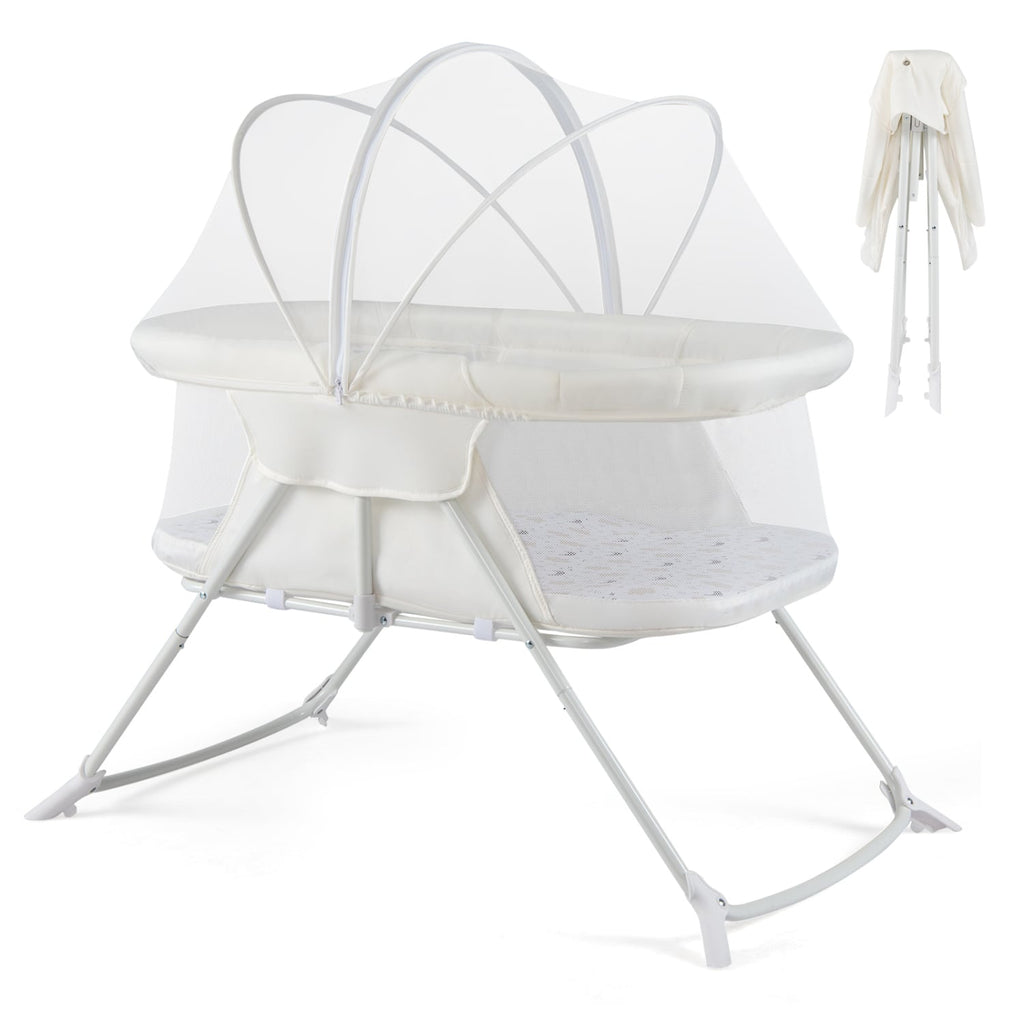 2 in 1 Baby Bassinet with Rocking Motion Foldable Bedside Sleeper with Breathable Mesh-Beige